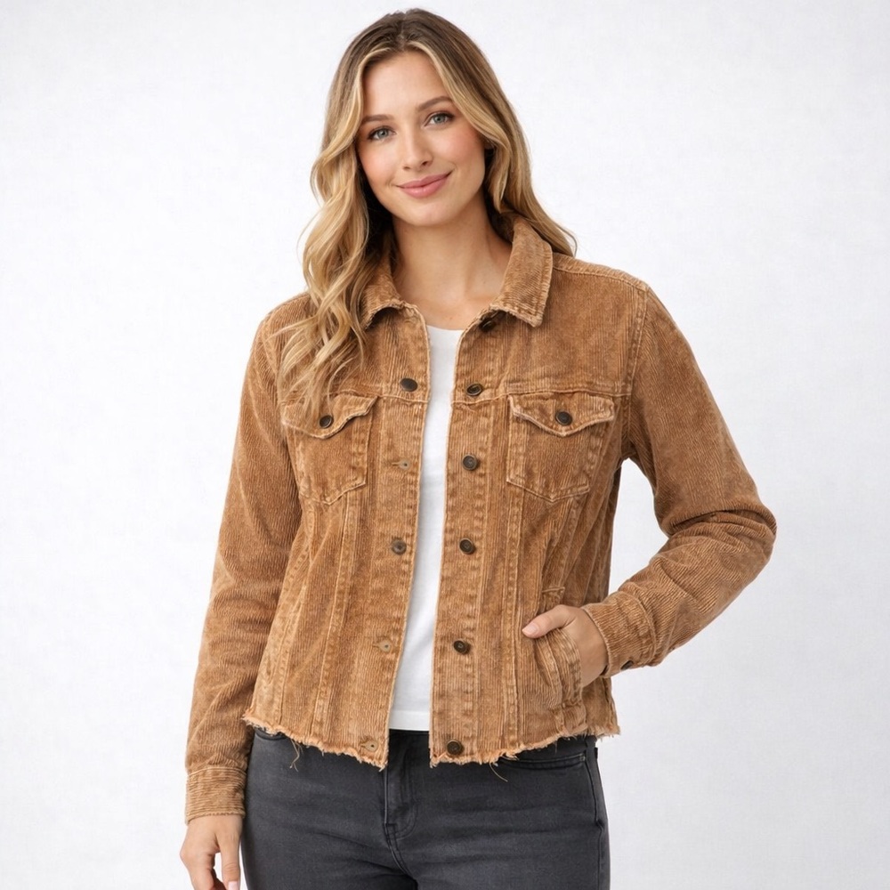 VICI Corduroy Jacket Women’s Large Tan Brown Raw Hem Button Up Cotton
